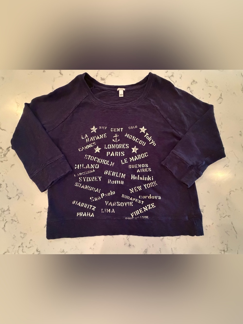 J.Crew Women’s Medium Navy World Cities Graphic Sweatshirt 100% Cotton